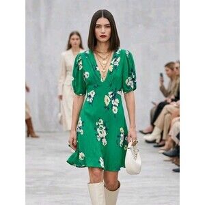 Free People Dress 0 Neon Garden Floral Print Puff Sleeve Mini Green Summer Cute
